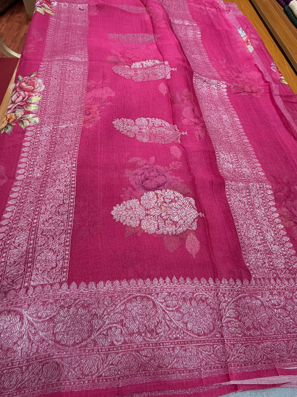 Rani pink digital print Banarasi pure tissue chiffon saree sliver zari saree