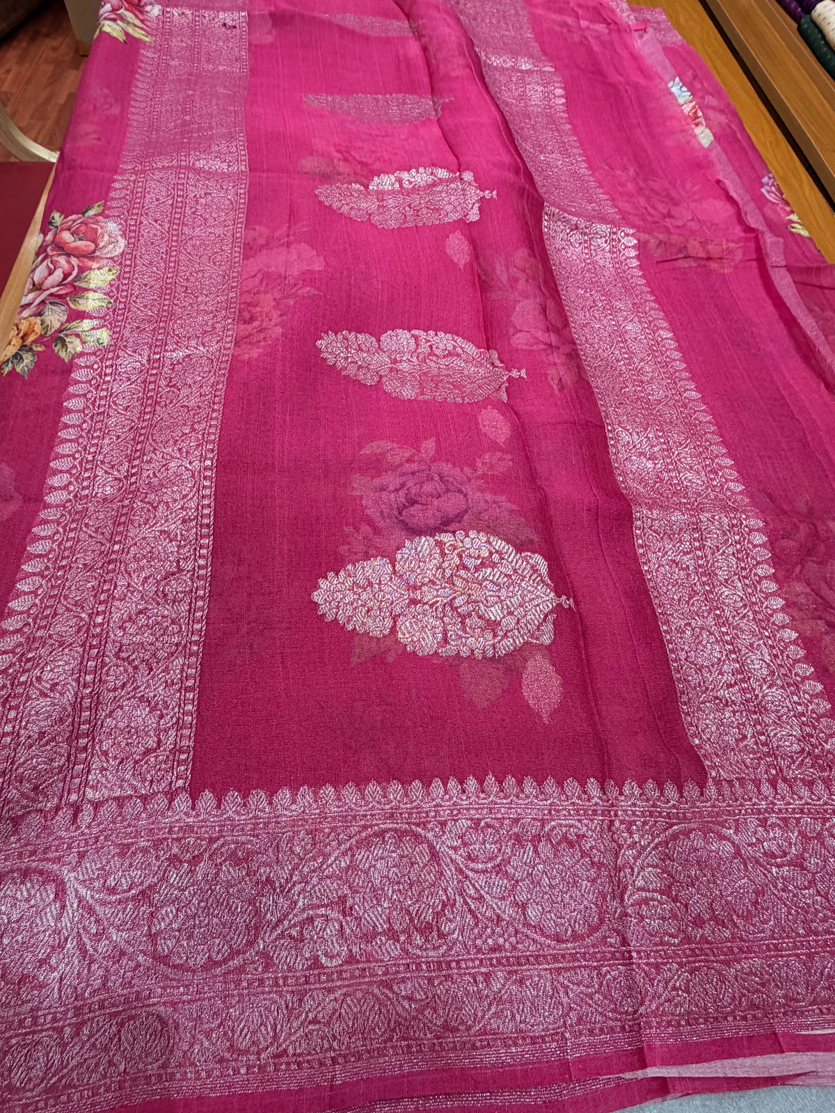 Rani pink digital print Banarasi pure tissue chiffon saree sliver zari saree