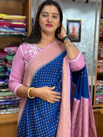 Blue and baby pink pure crepe Banaras silk sarees