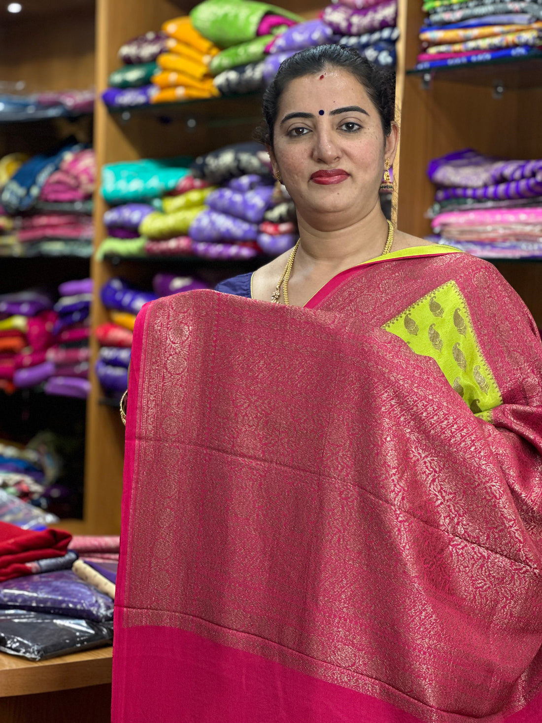 Parrots green with pink, crepe chiffon sarees