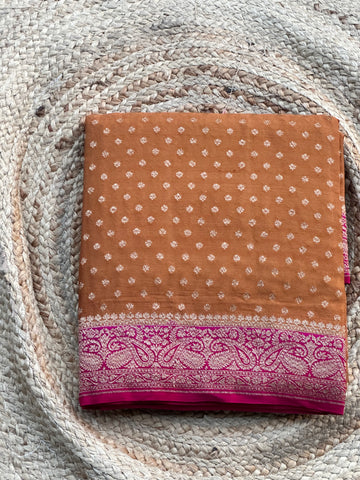 Deep mustard with pink pure crepe Banaras silk sarees