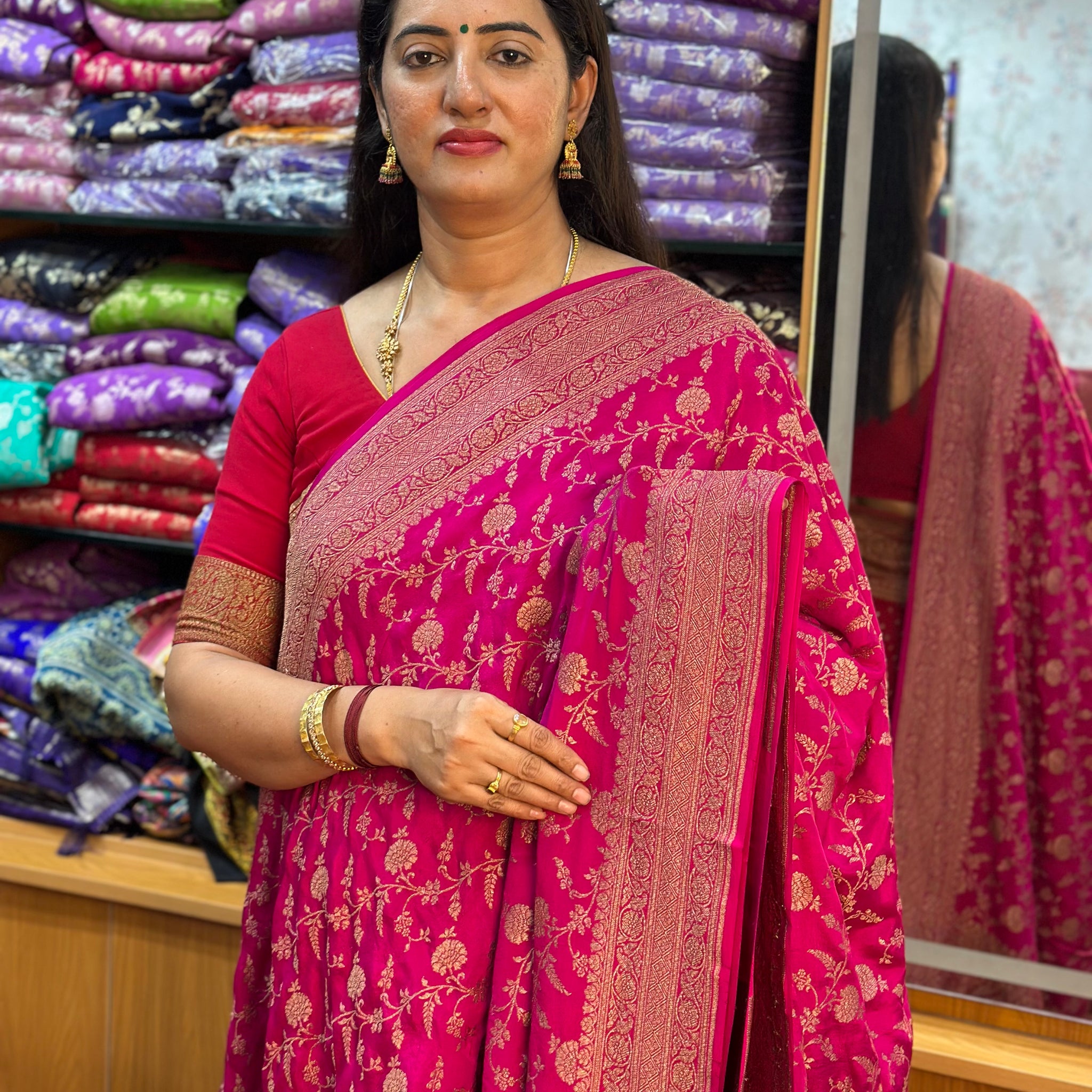 Rani pink pure crepe Banaras jaal pattern with butta blouse