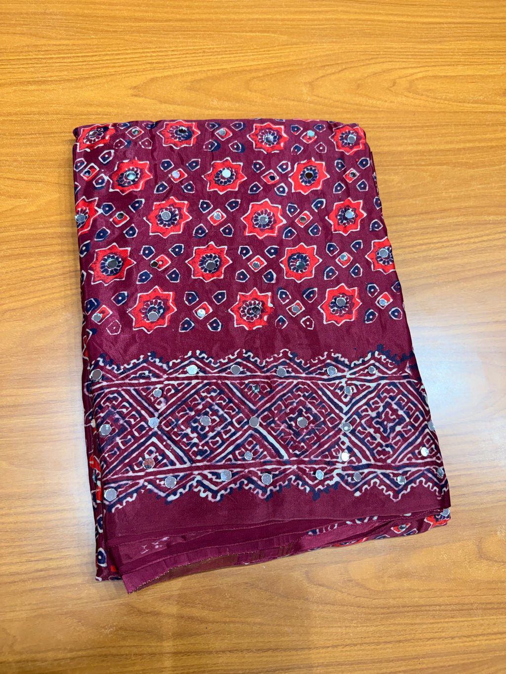 Maroon Pure ajrak mirror work saree with tissue pallu