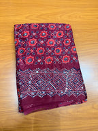 Maroon Pure ajrak mirror work saree with tissue pallu