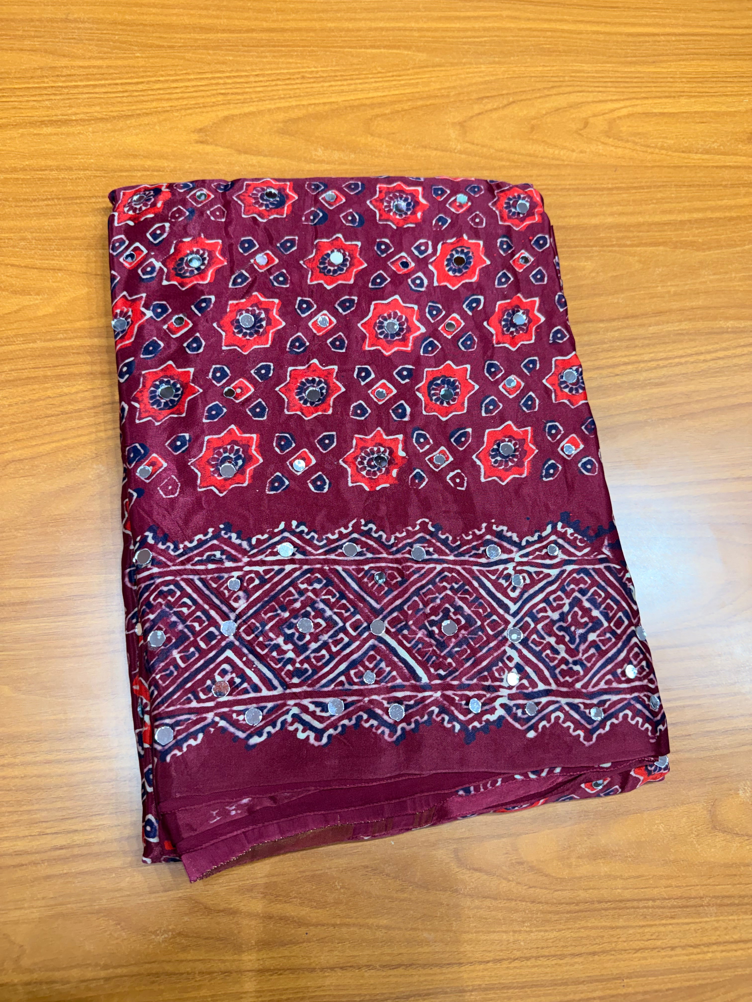 Maroon Pure ajrak mirror work saree with tissue pallu