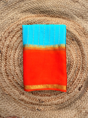 Sky blue with orange pure wrinkle crepe silk certified