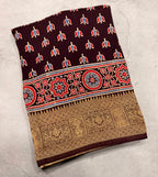 Dark brown small butta Kanchi border pure Ajrak dola sarees