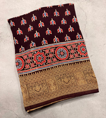 Dark brown small butta Kanchi border pure Ajrak dola sarees