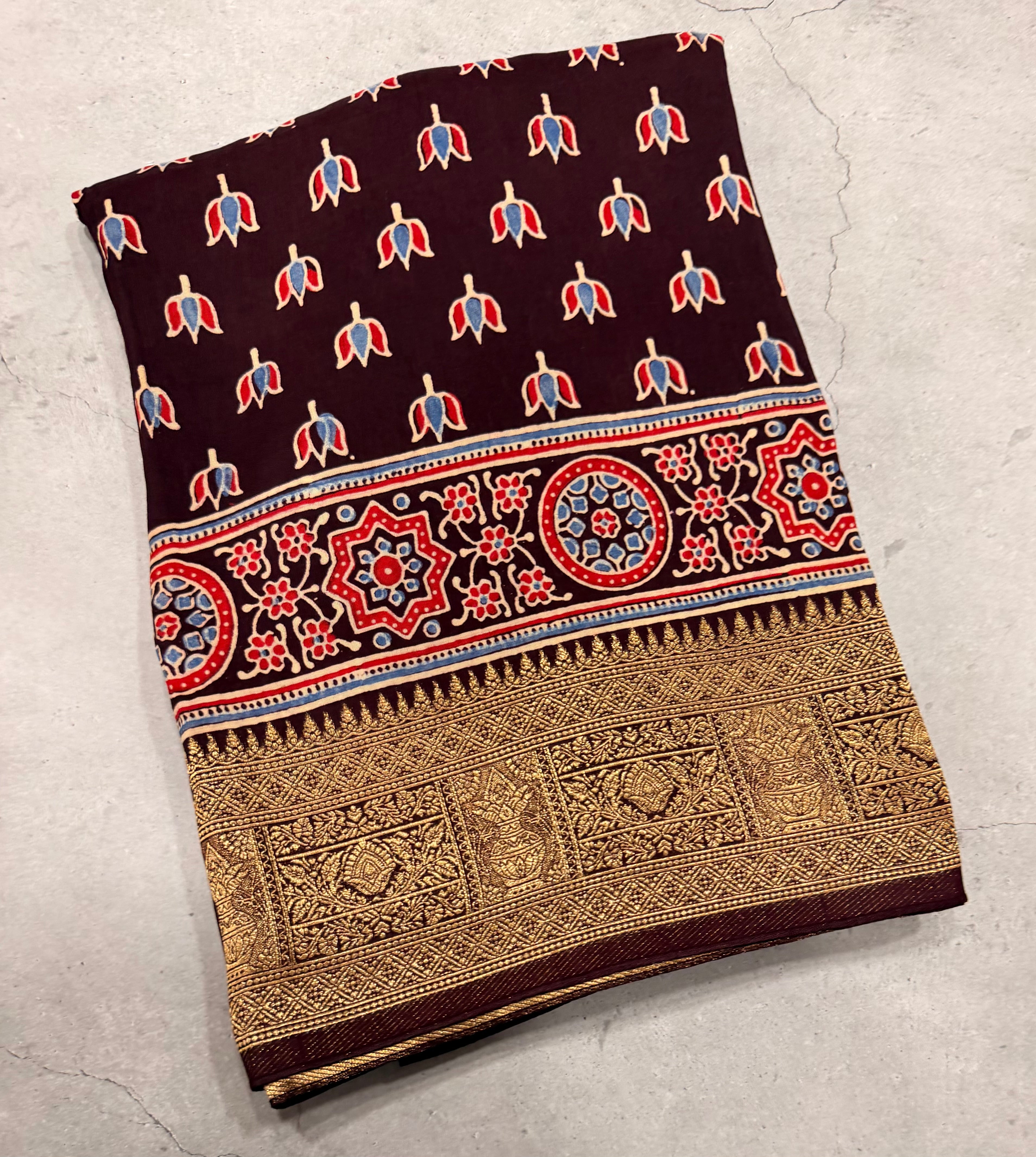 Dark brown small butta Kanchi border pure Ajrak dola sarees