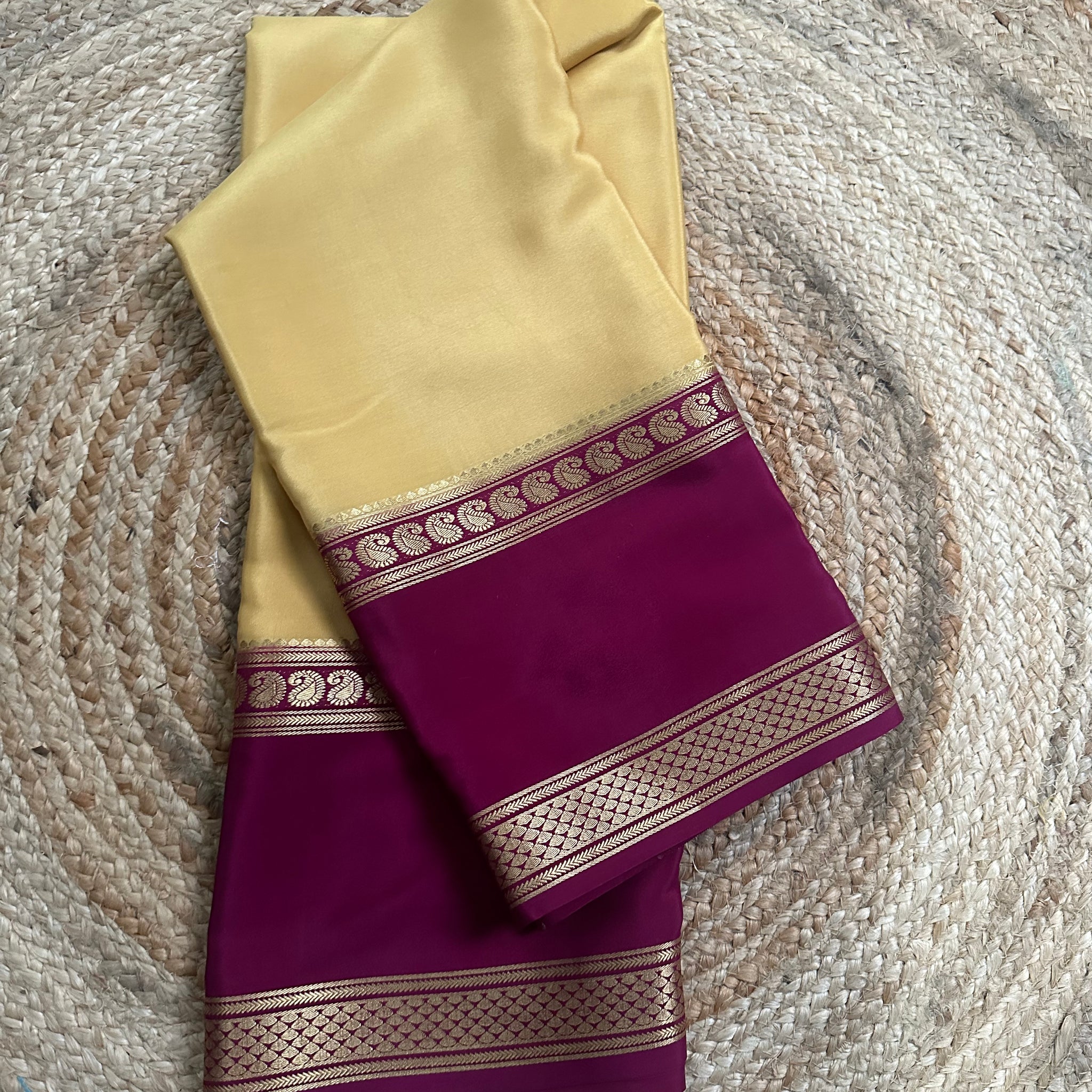 Beige and mejentha pure crepe Mysore Silk sarees 120 gsm