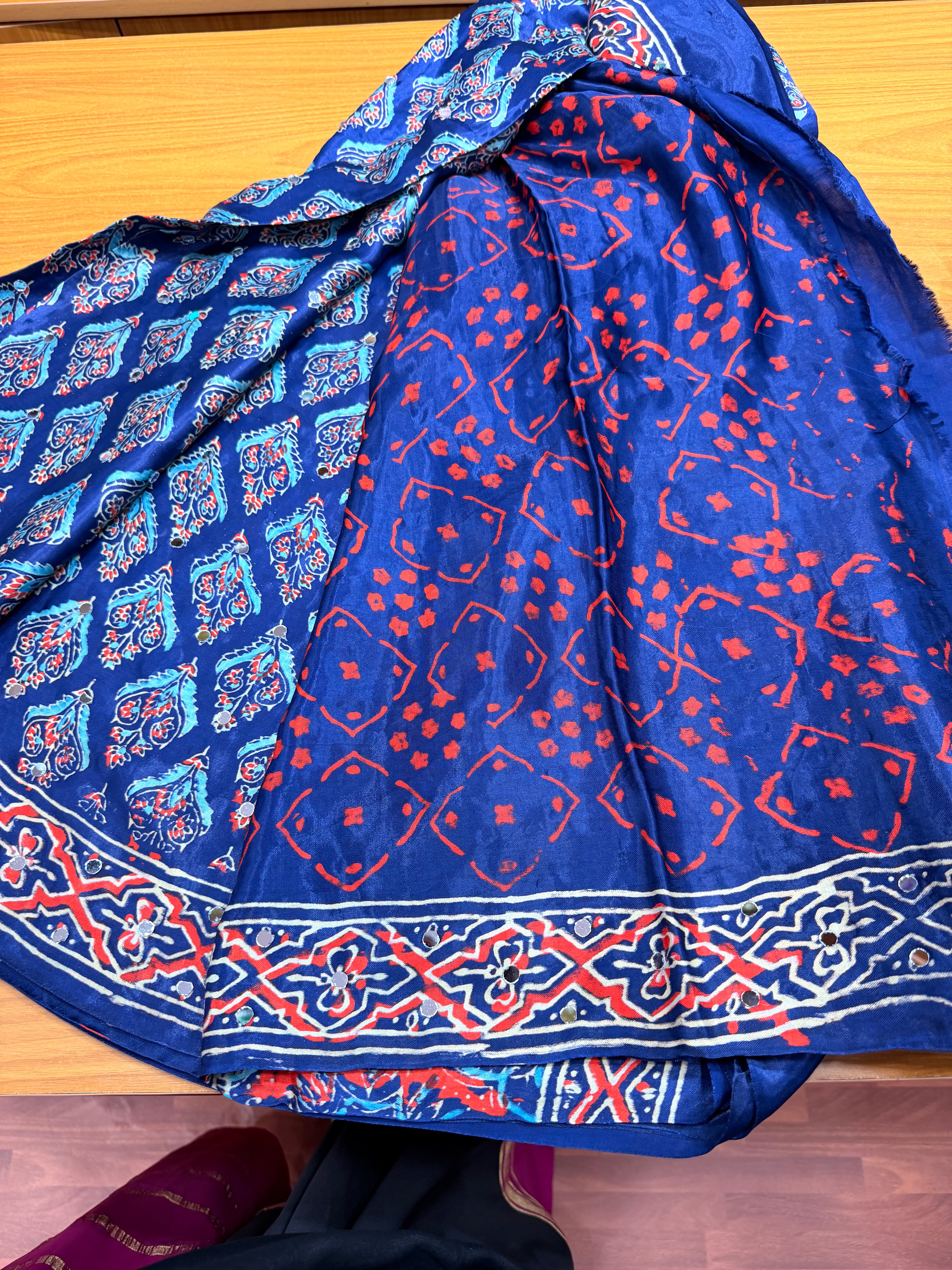 Blue ajrak modal mirror work with  tissue pallu