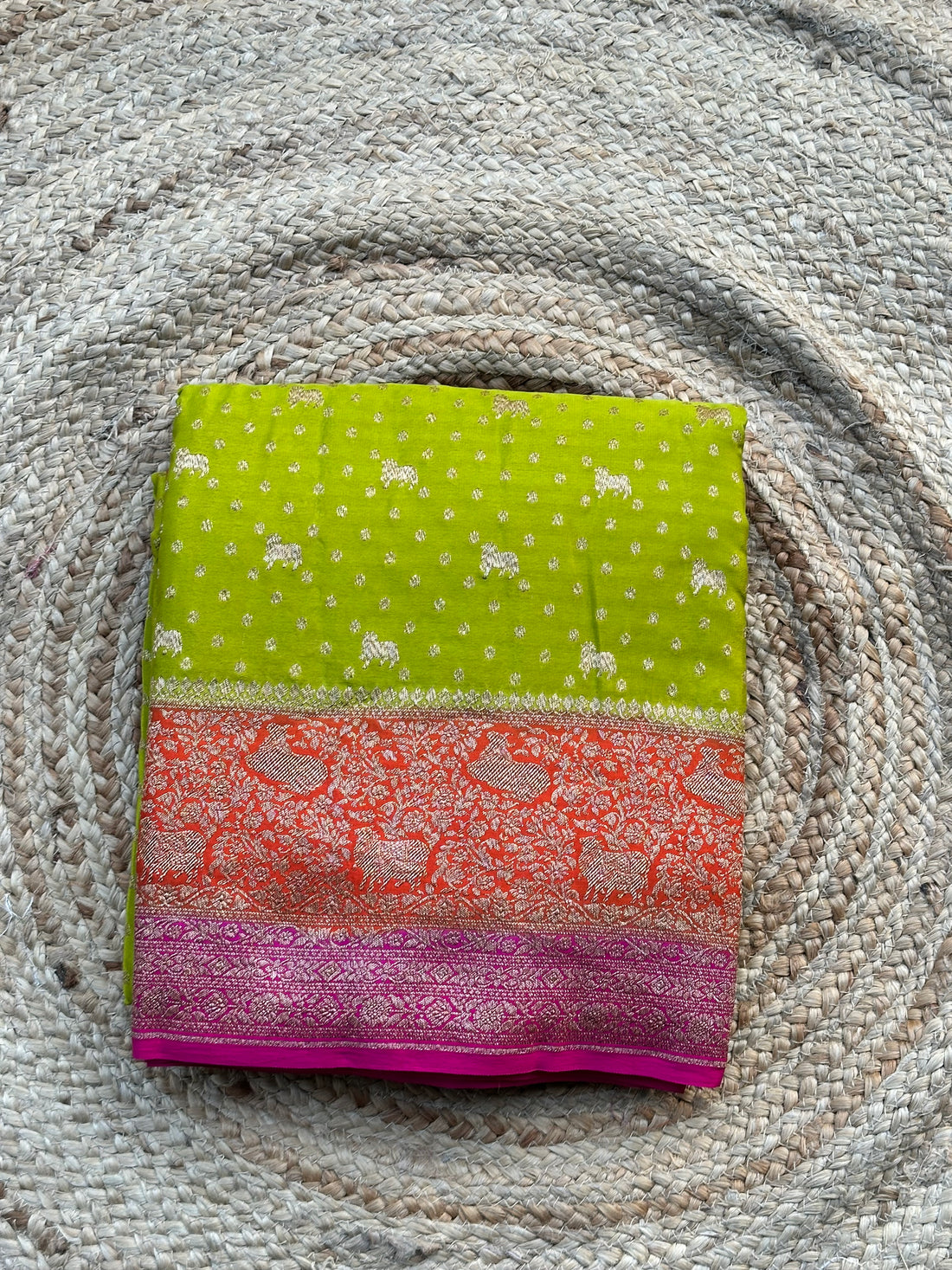 Neon green with orange and pink 3D pure crepe Banaras silk sarees