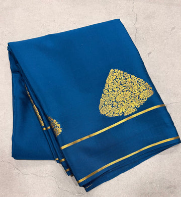Peacock blue leaf big butta pure Mysore silk crepe saree