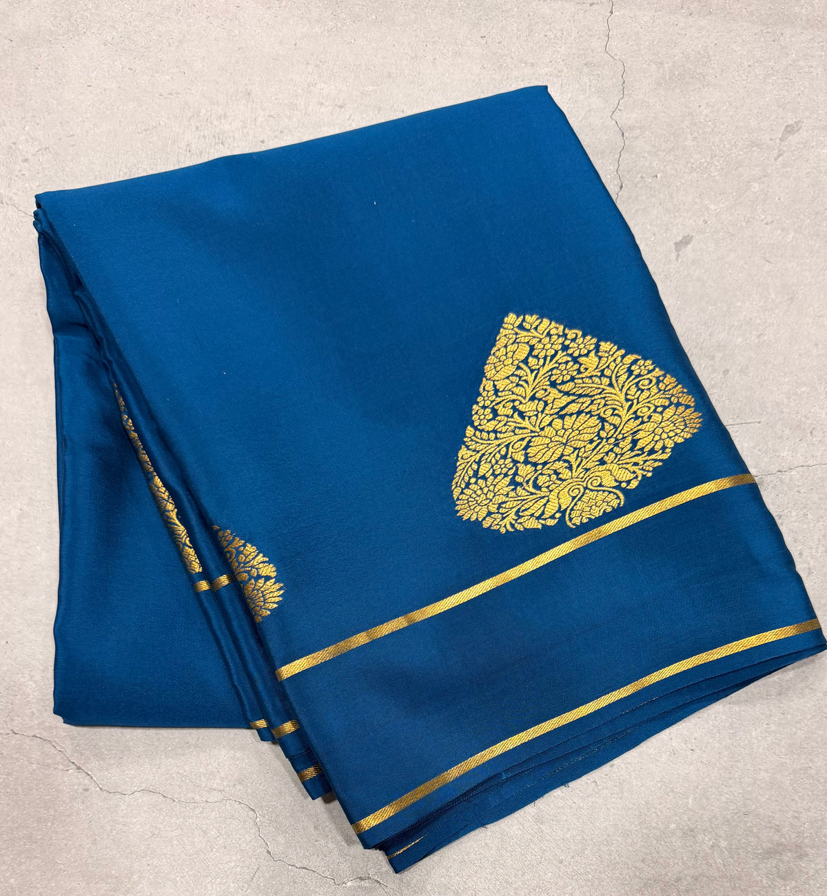 Peacock blue leaf big butta pure Mysore silk crepe saree