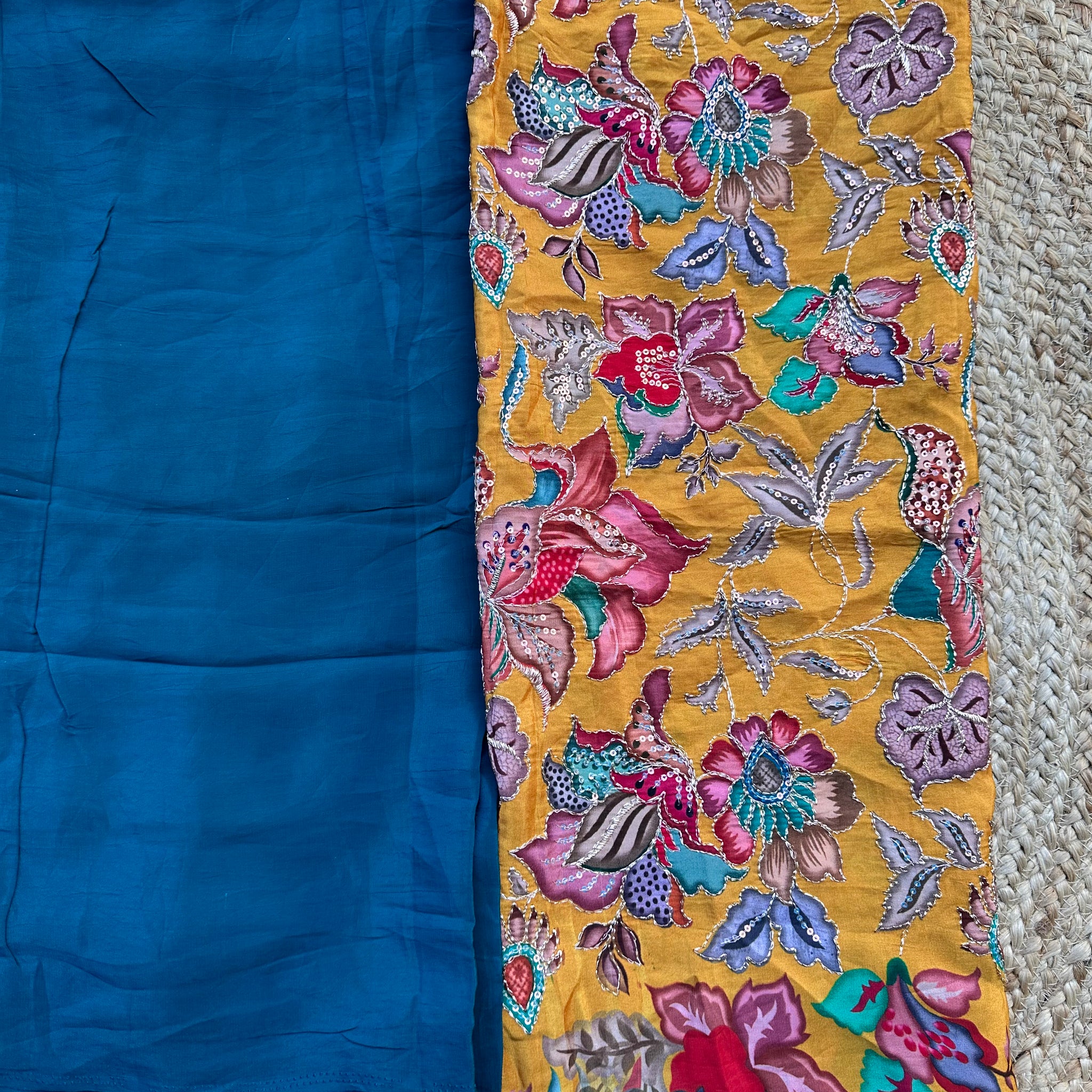 Peacock blue pure crepe sarees with brocade blouse combo