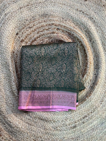 Green with lotus pink brocade crepe Banaras sarees