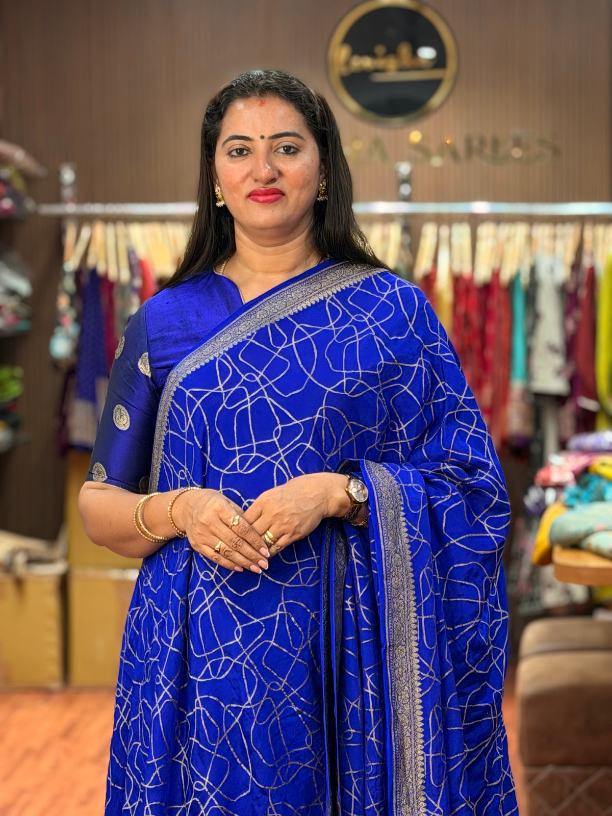 Royal blue with abstract pattern Banaras crepe saree