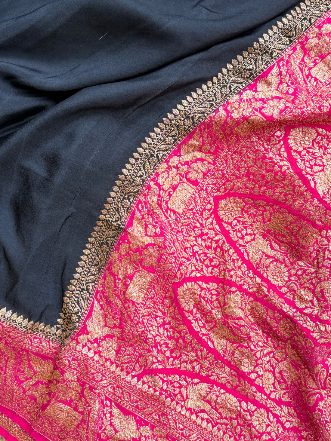 Plain Crepe Banarasi Pure Black with Rani Pink