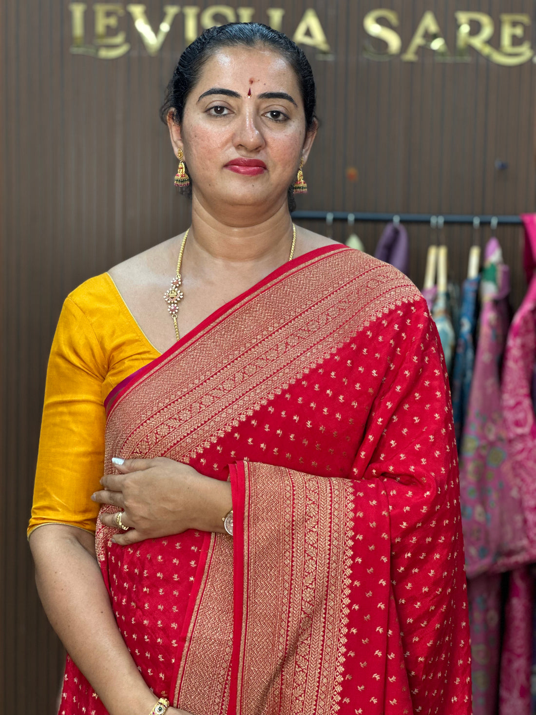 Hot Red pure crepe Banaras silk sarees. With brocade blouse