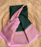 Bottle green n baby pink small butta benarasi crepe saree