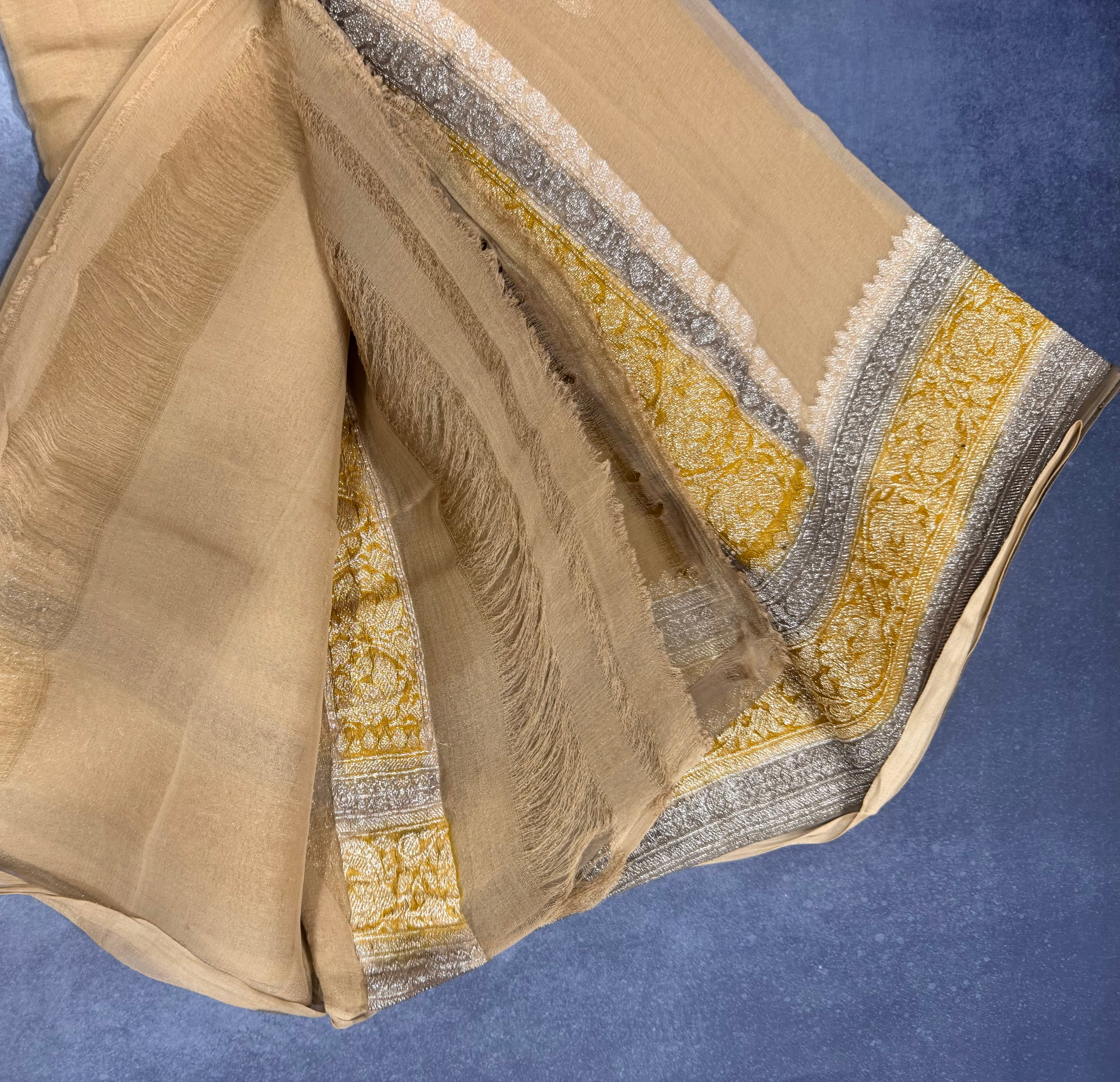 Beige 3D Banarasi pure khadi chiffon saree sliver zari saree