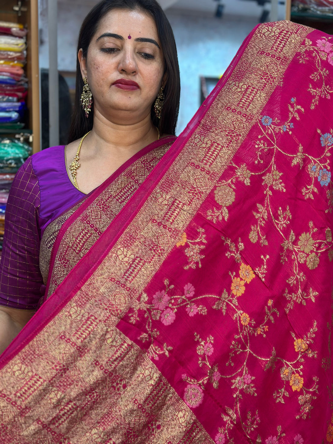 Rani pink tusser Banaras sarees with meenakari weaving
