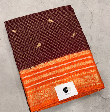 Brown contrast border checks Dola crepe saree
