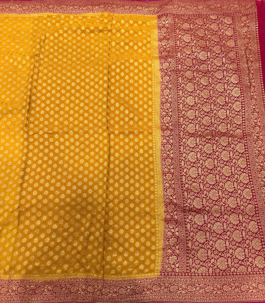 Mustard yellow small butta pure Banarasi khaddi georgette saree