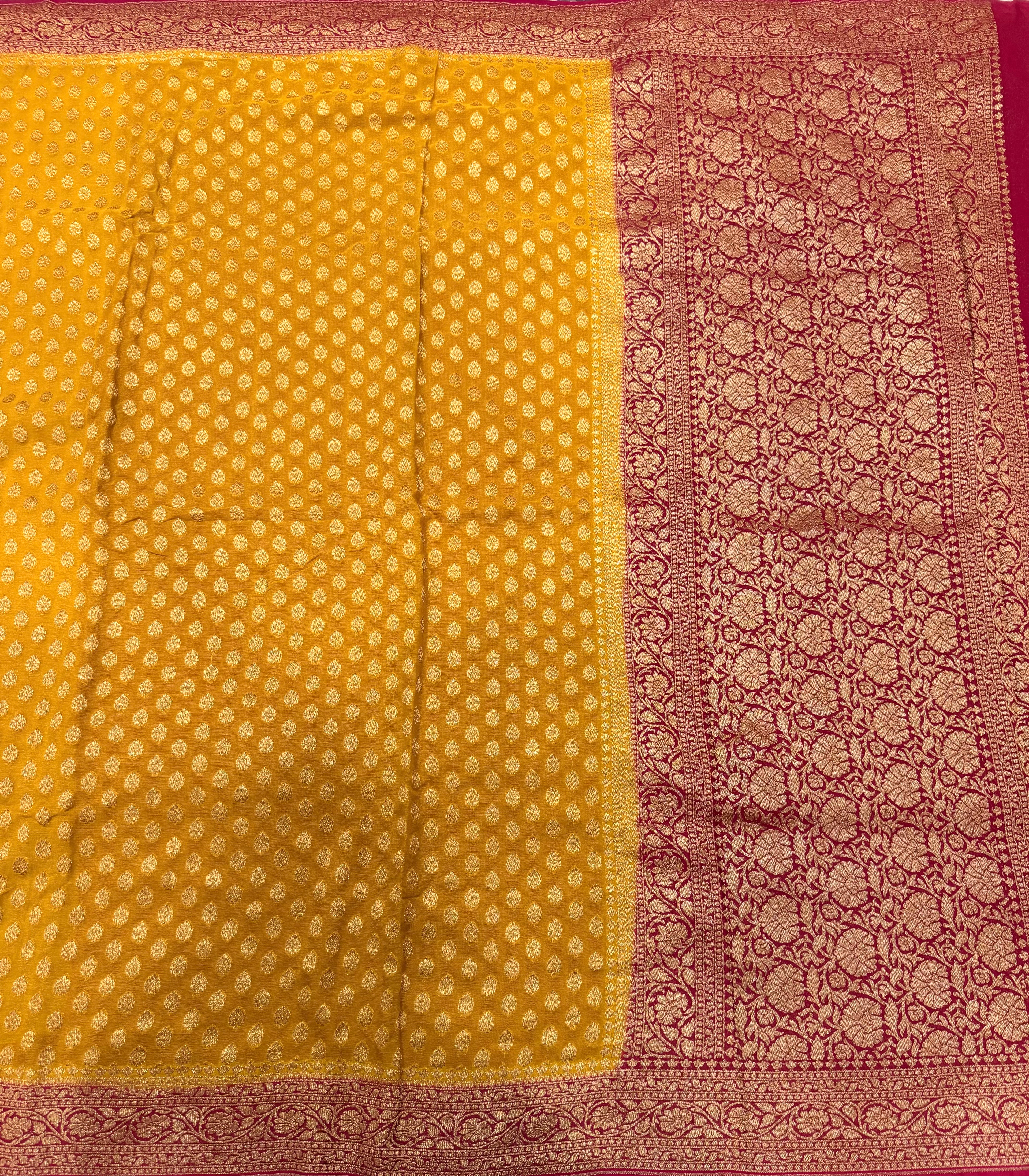 Mustard yellow small butta pure Banarasi khaddi georgette saree