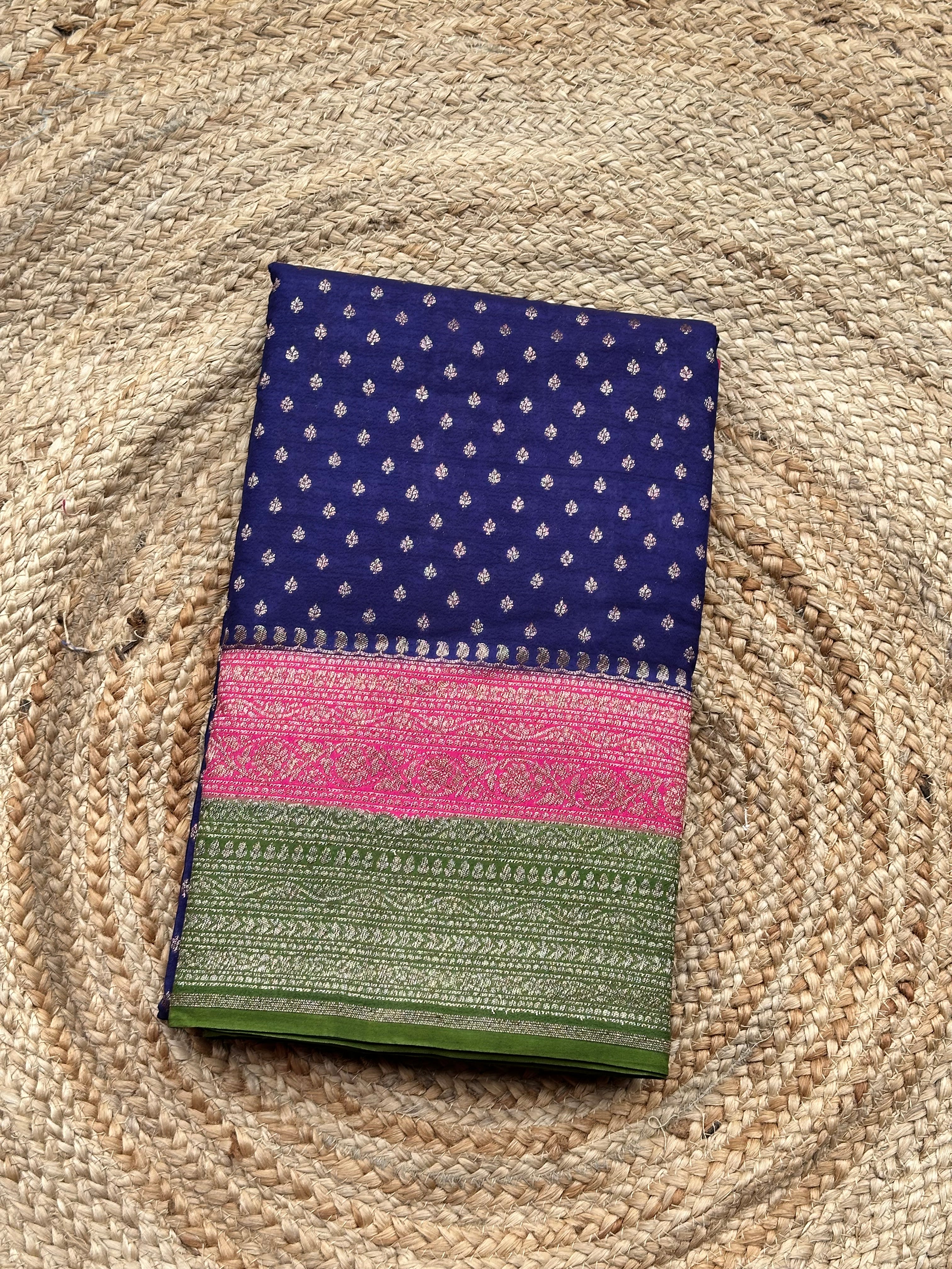 Purple pink and leaf green pure crepe chiffon 3D Banaras