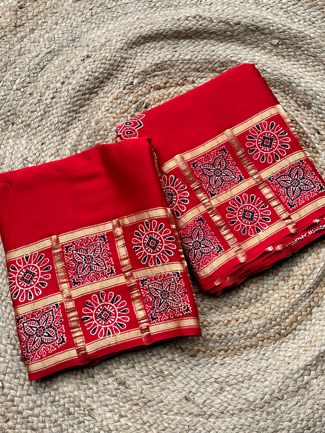 Hot red pure modal Ajrak silk sarees with lotus Ajrak blouse