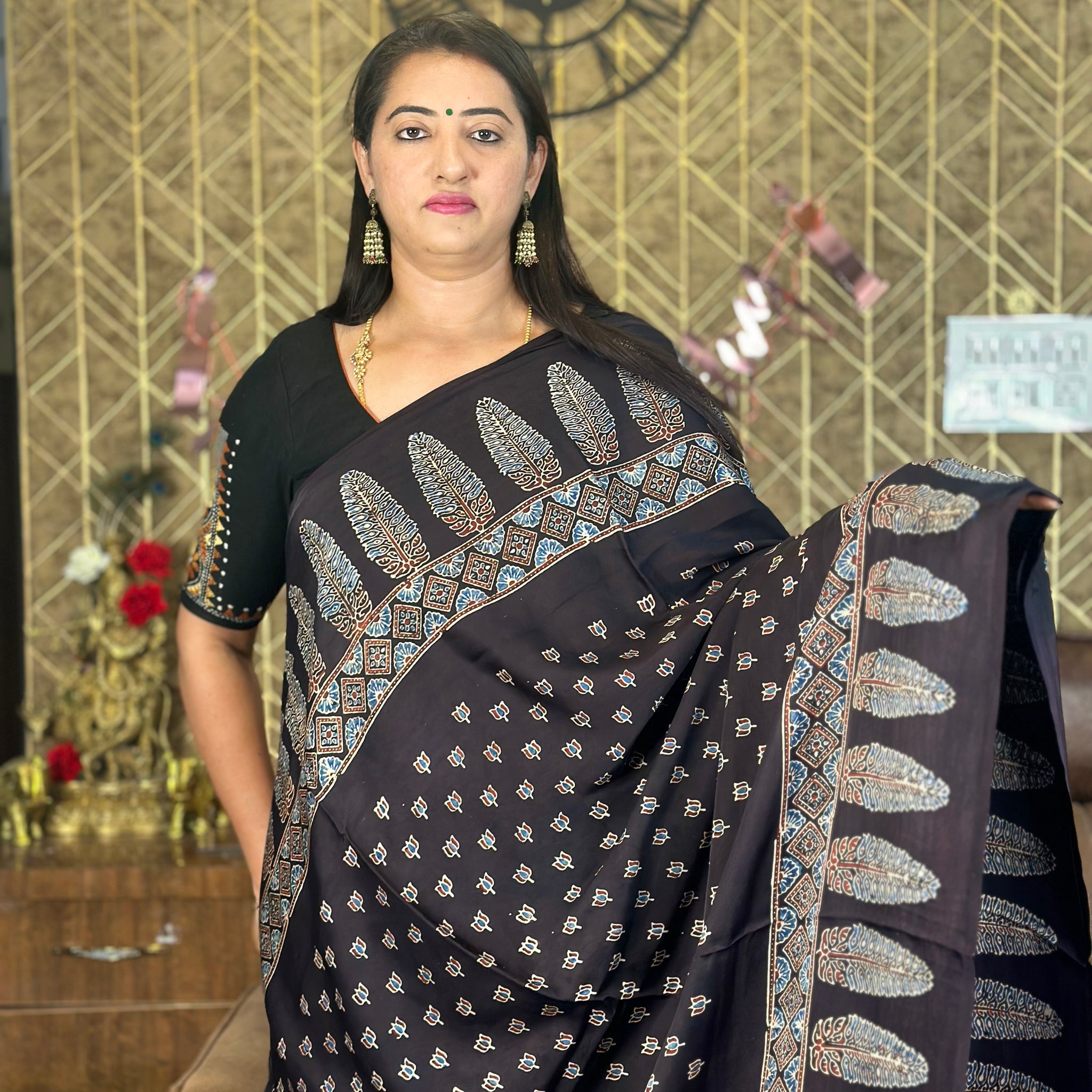 Black Ajrak modal silk sarees.