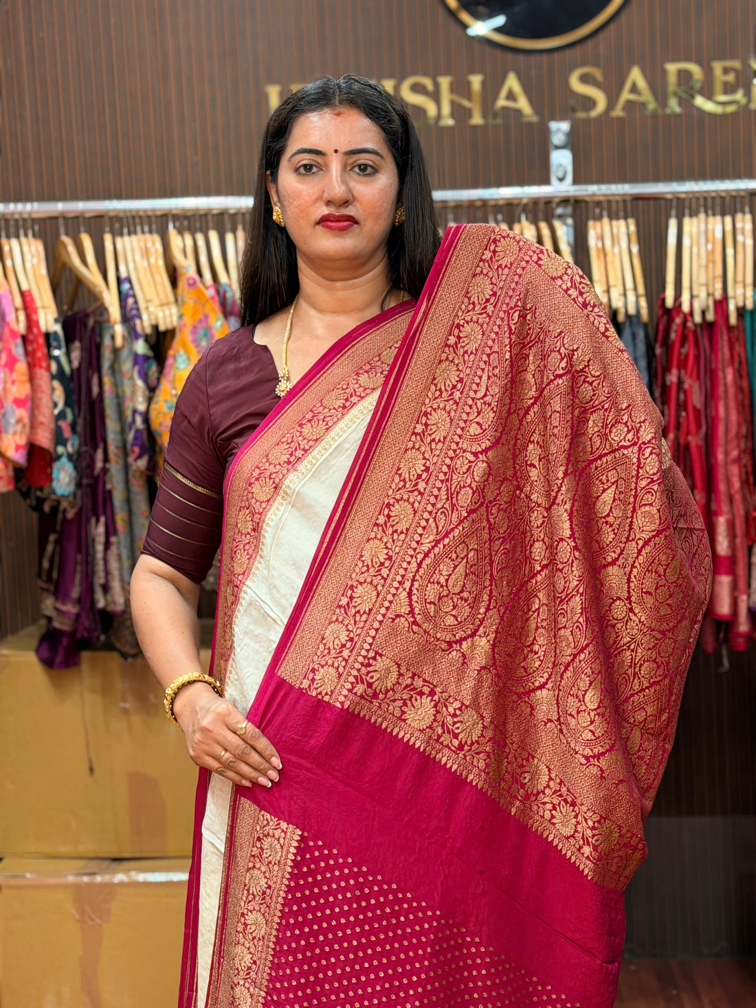 Pure crepe Banaras Half white and pink patley pallu concept