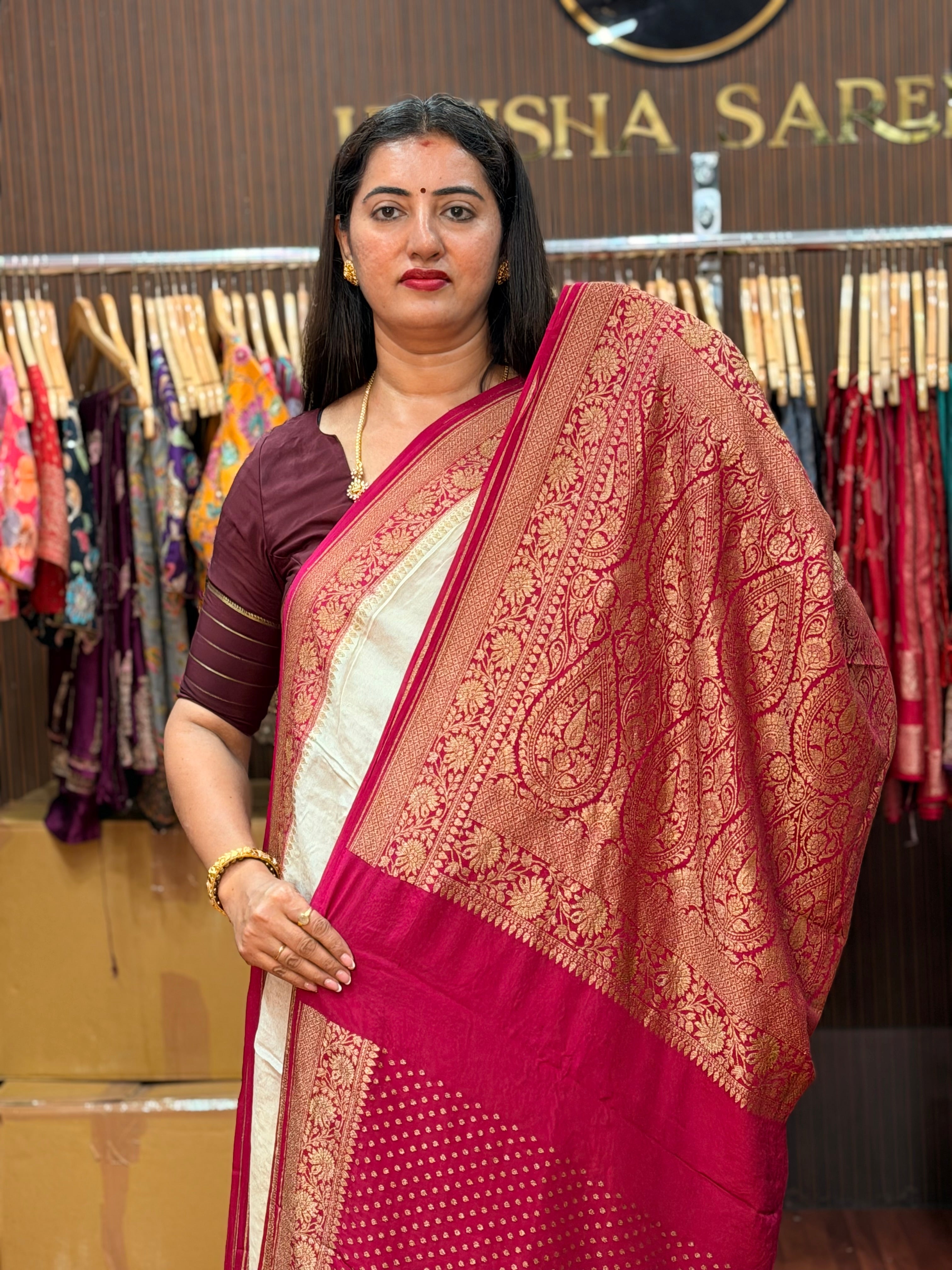 Pure crepe Banaras Half white and pink patley pallu concept