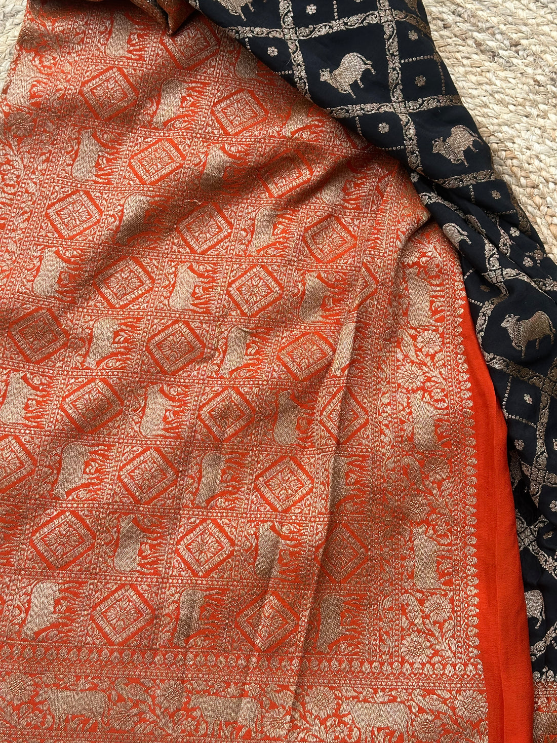 Black and orange pure crepe Banaras silk sarees