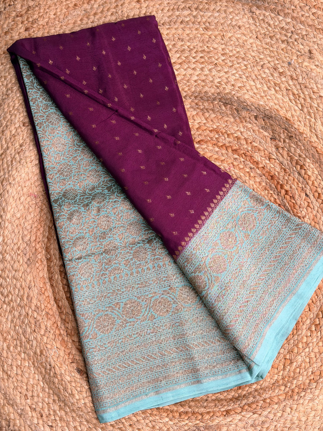 Wine n sea green small butta benarasi crepe saree
