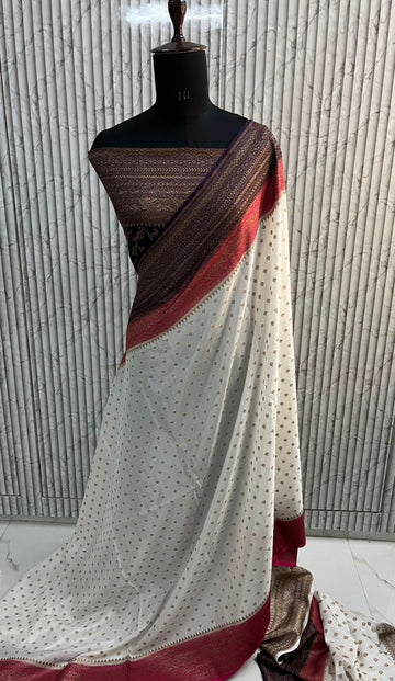 White and purple pink crepe 3d Banaras
