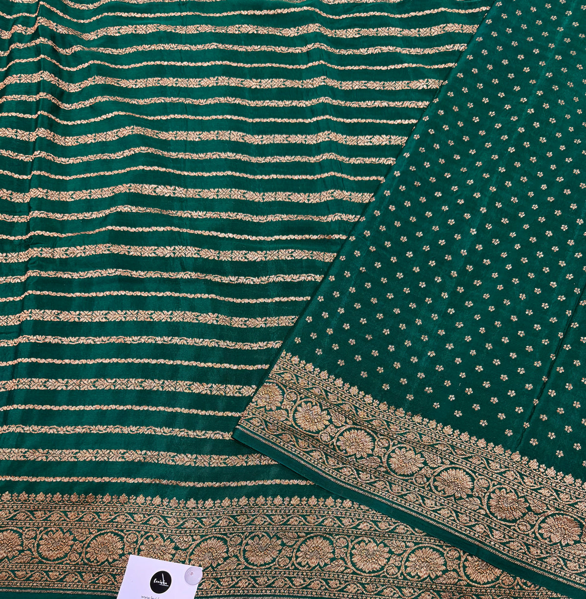 Bottle green stripes pure benarasi crepe silk saree