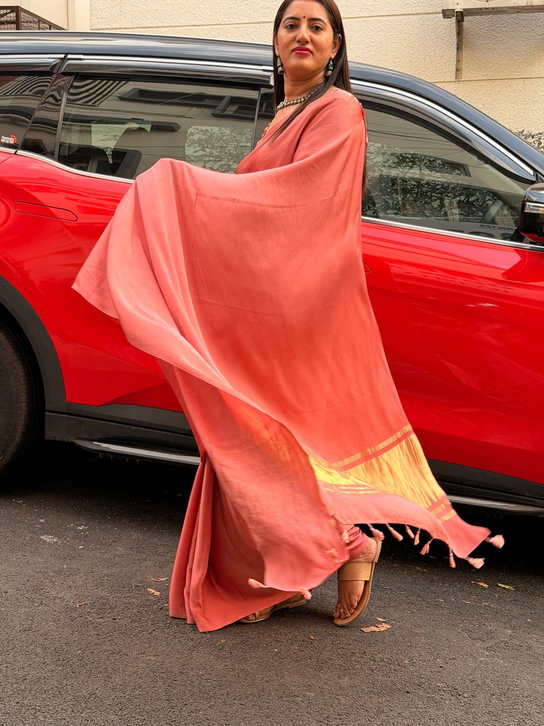 Onion pink pastel pure modal silk with tissue gajji pallu and tussles