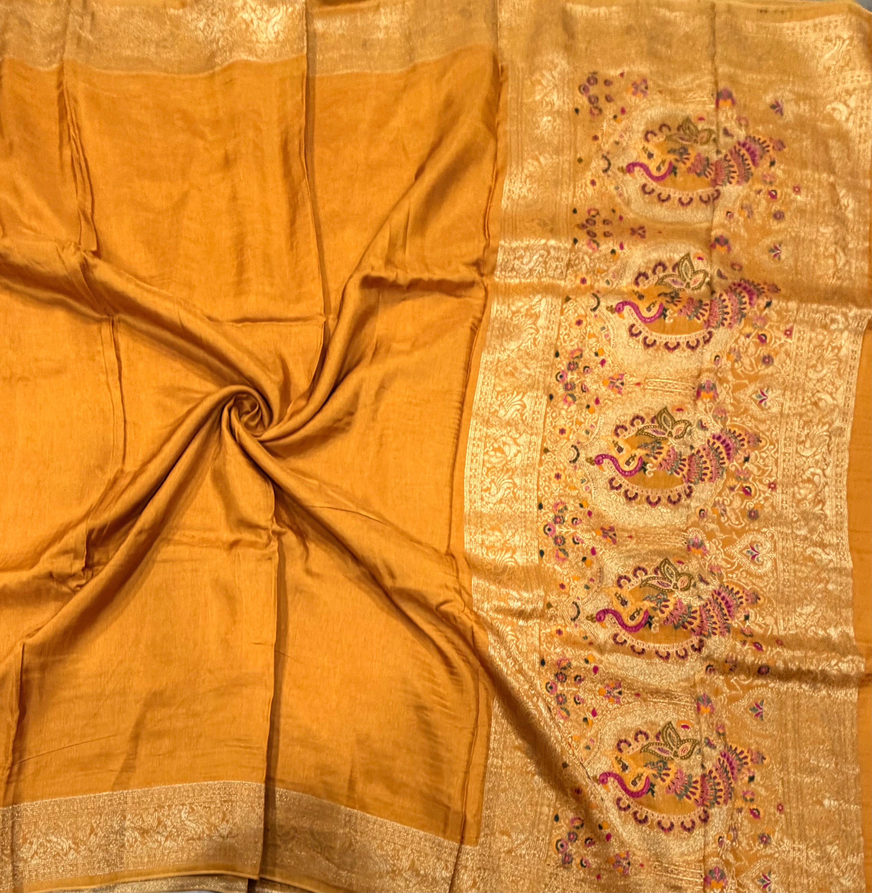 Yellow Kanchi border plain modal silk saree