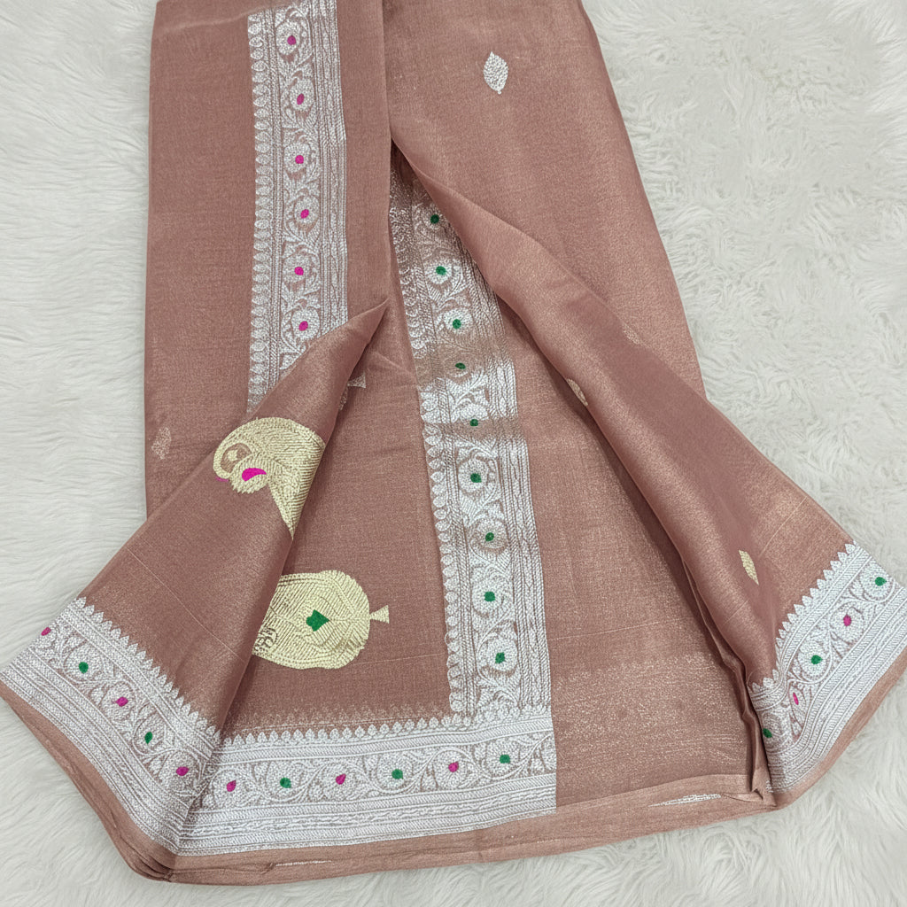 Pastel pink Banarasi pure tissue chiffon saree sliver zari saree