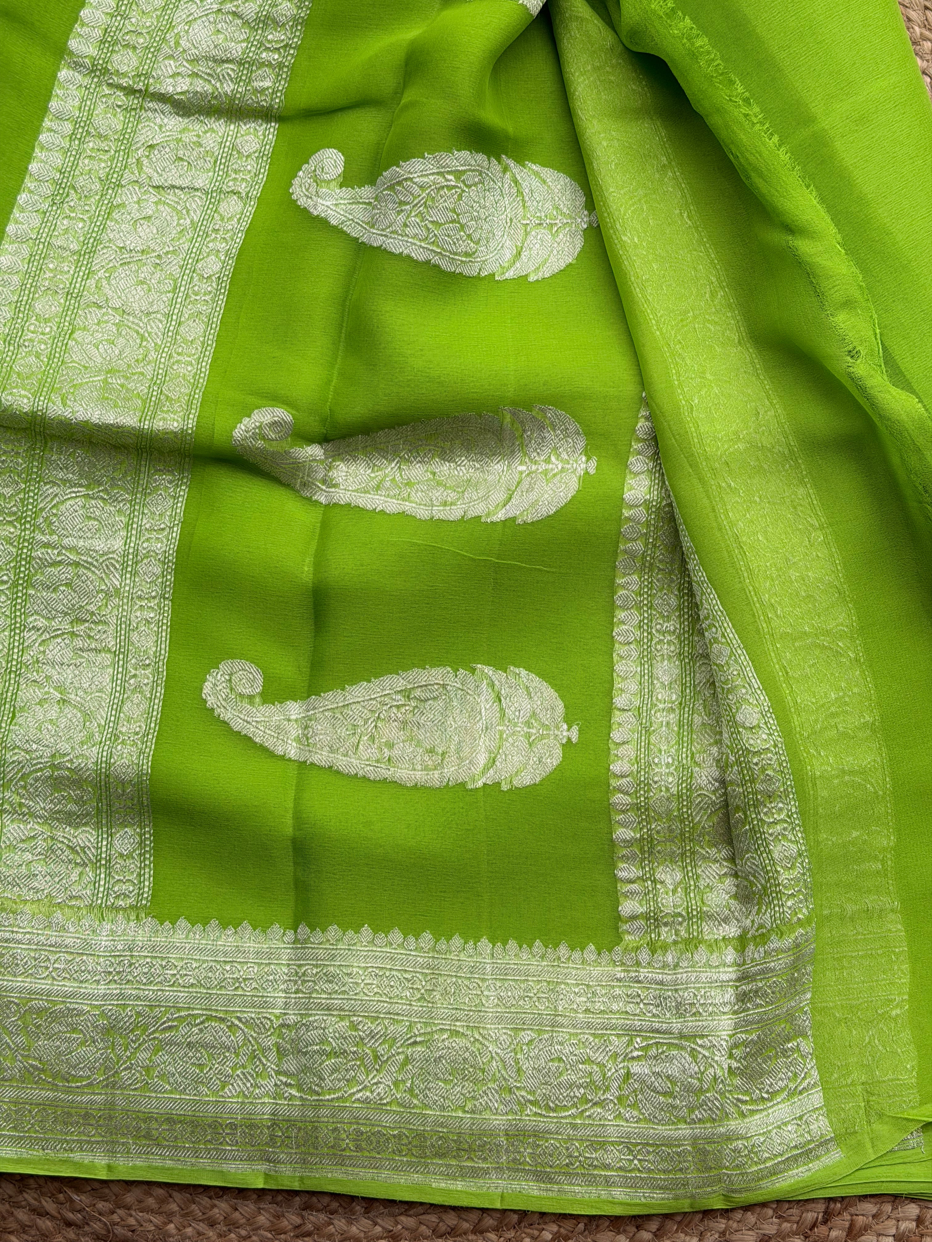 Parrot green Banarasi pure khadi chiffon saree sliver zari woven