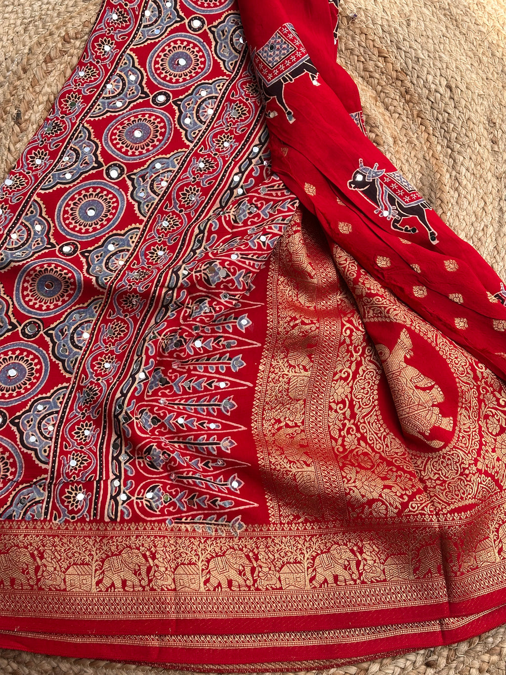 Red Ajrak dola mirror work with premium zari