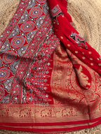 Red Ajrak dola mirror work with premium zari