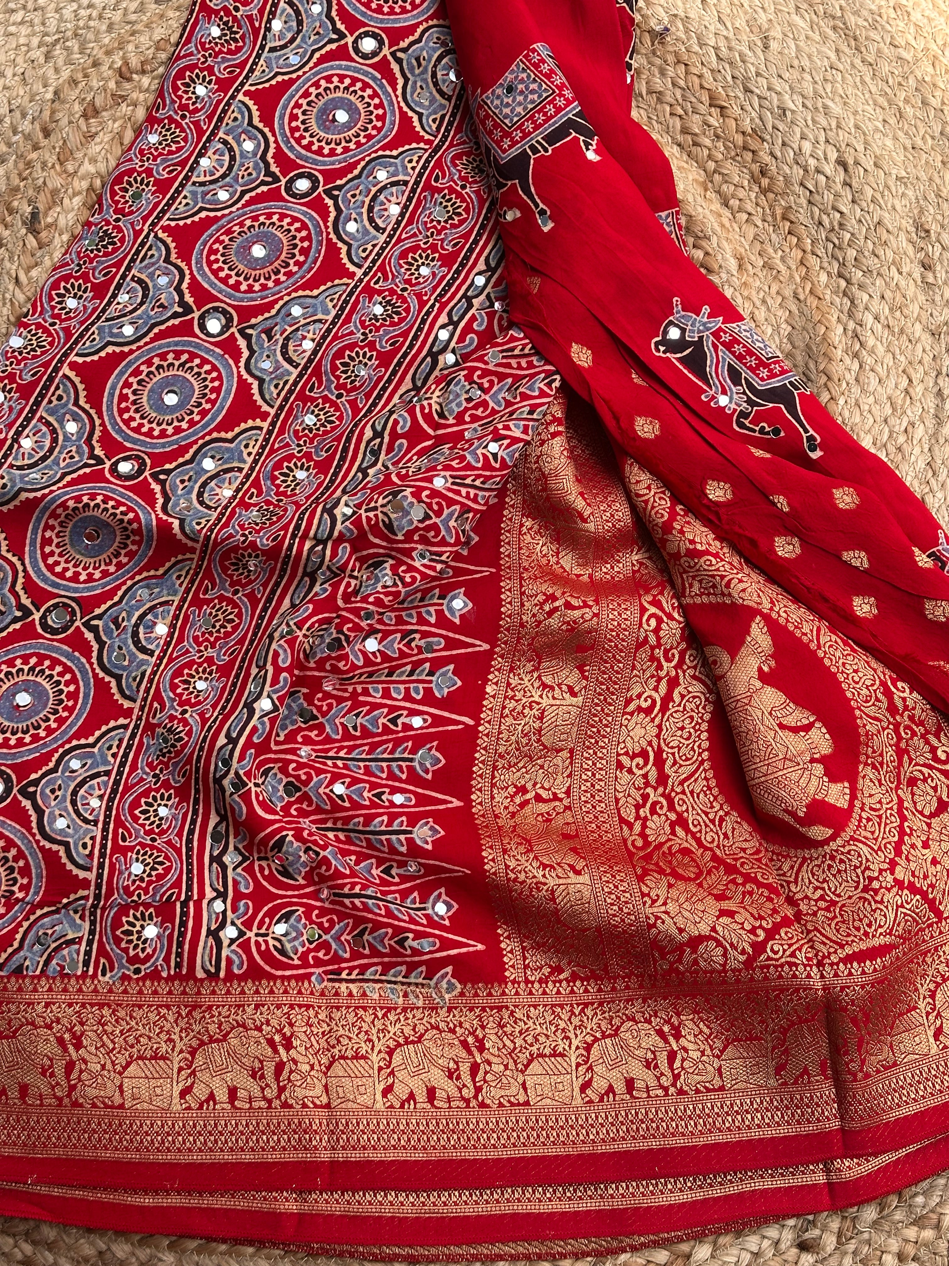 Red Ajrak dola mirror work with premium zari