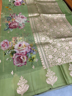 Green digital print Banarasi pure tissue chiffon saree sliver zari saree