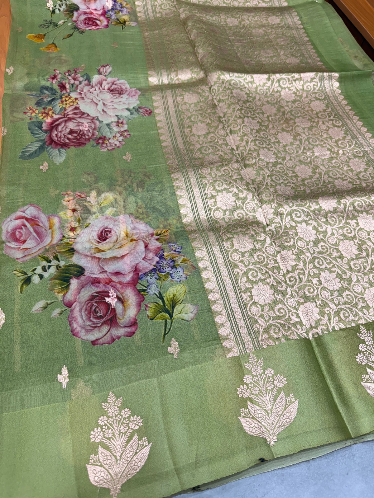 Green digital print Banarasi pure tissue chiffon saree sliver zari saree