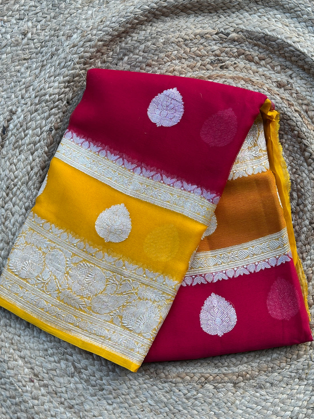 Maroonish pink with mustard pure khaddi chiffon sarees silver zari woven