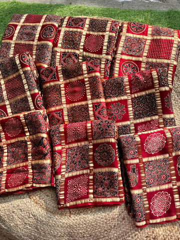 Maroon pure Ajrak block prints all over the body