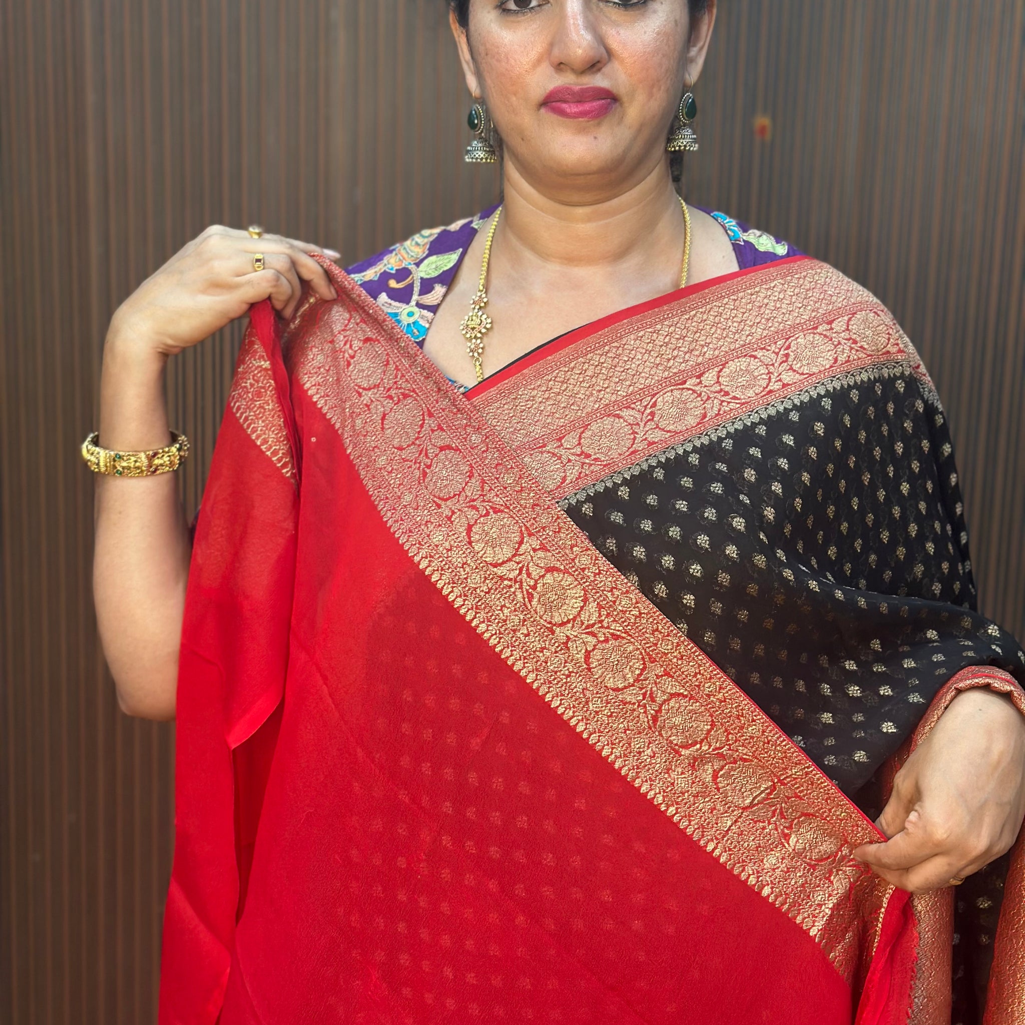 Black and red pure khaddi Georgette sarees.